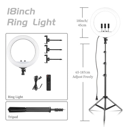 SH 18 Inch Knob Ring Light LED Selfie Video Lamp With Tripod Stand Phone Clip For YouTube Live Lighting Photo Photography Studio
