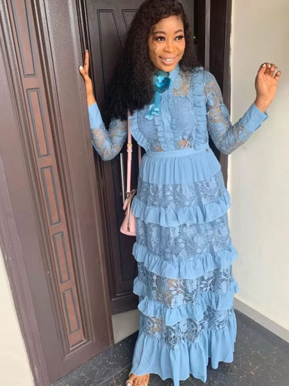 African Dresses for Women Dashiki Classic African Clothes Big Size Fashion Lace Fungus Edge Stitching Long Africa Dress Growns