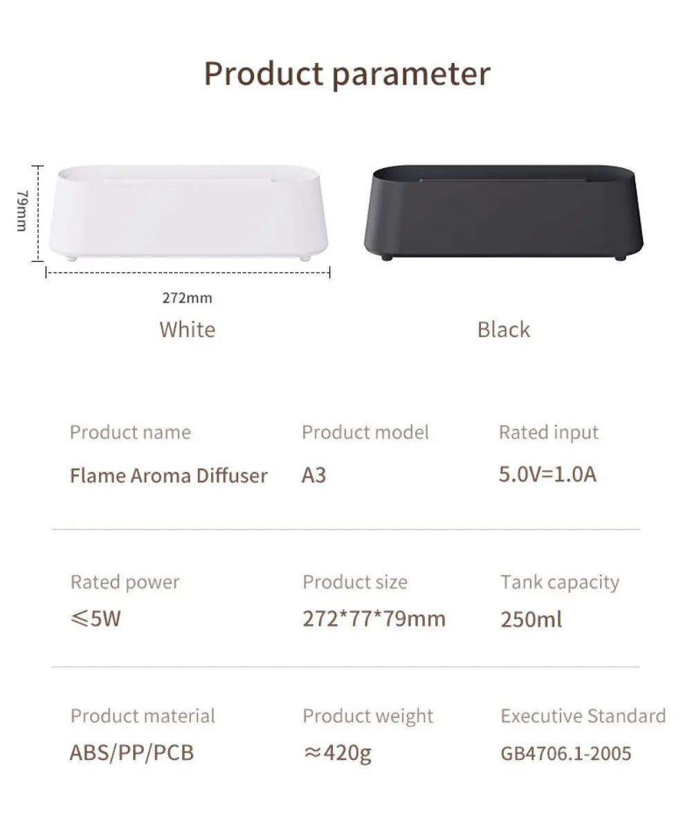 Luftbefeuchter mit Flammen-Aromatherapie-Diffusor, der ätherische Öle in 7 Farben aufnehmen kann, mit Timer und USB-Anschluss für den Schreibtisch.