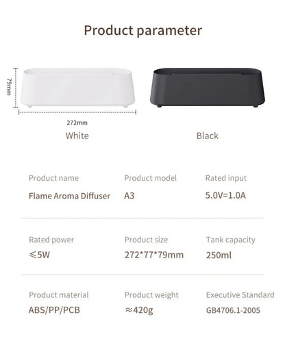 Luftbefeuchter mit Flammen-Aromatherapie-Diffusor, der ätherische Öle in 7 Farben aufnehmen kann, mit Timer und USB-Anschluss für den Schreibtisch.