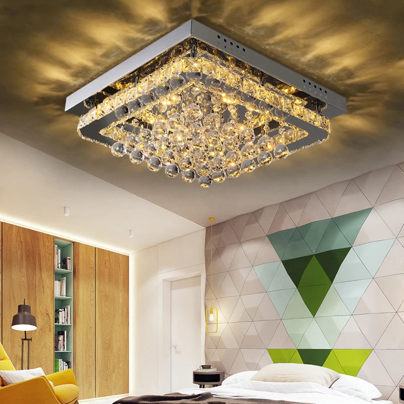KOMORE Modern Fancy Crystal LED Flush Mount Ceiling Light Fixture, Cool White / Stepless Dimming for Office, Living Room
