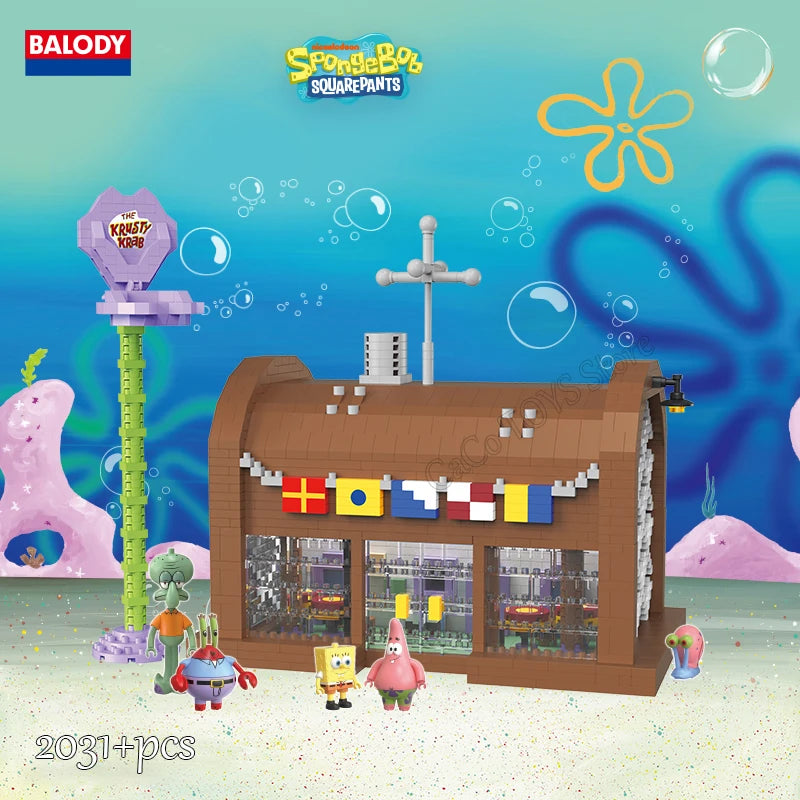 Spongebob Cartoon Krusty Krab Restaurant Building Blocks Creative Canteen Scenes Model Bricks Desktop Ornaments Toy For Kid Gift