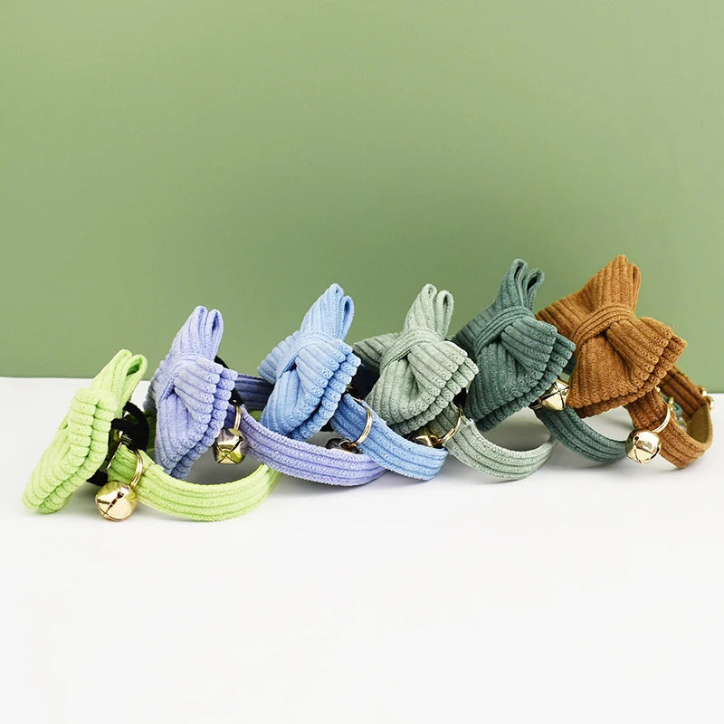 Personalized Corduroy Cat Collar with Engraved Name Plate, Bell & Bow Tie - Custom Breakaway Safety Collar