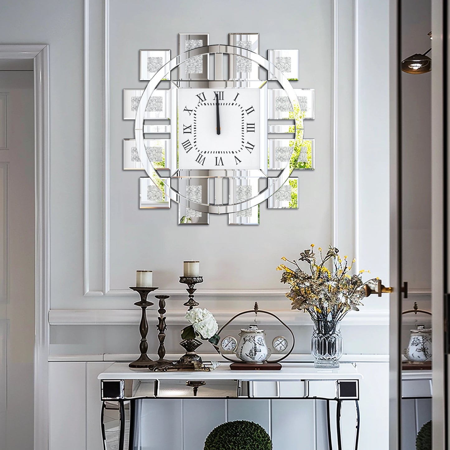 Irregular Large Crush Diamond Mirrored Wall Clock Sparkle Bling Quartz Clock Roman Numerals for Living Room