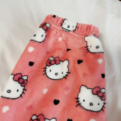 Halloween Cartoon Hello Kitty Flannel Pajamas Women's Autumn and Winter Plus Velvet Warm Casual Home Graffiti Pants