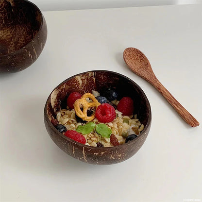 Natural Coconut Bowl Wooden Handmade Coconut Bowls for Eating Tableware Fork Spoon for Dessert Fruit Salad Mixing Rice