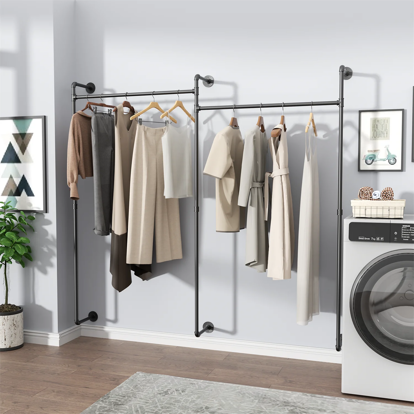 80.7 Inch Long Industrial Pipe Clothes Rack Double Clothes Rail Loft Residential Tidy Wardrobe Wall Clothing Hanging Rack