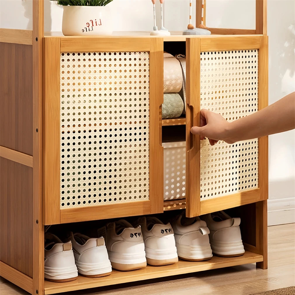 Bamboo Garment Rack, Heavy Duty Coat Stand, Wardrobe with 3 Storage Shelves, Shoe Shelf