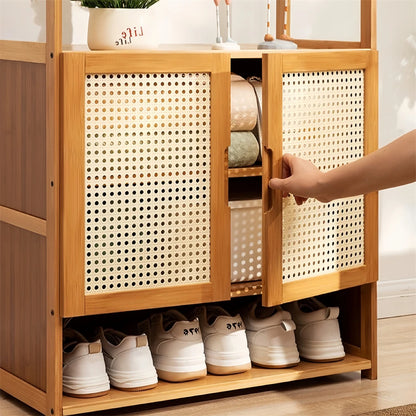 Bamboo Garment Rack, Heavy Duty Coat Stand, Wardrobe with 3 Storage Shelves, Shoe Shelf