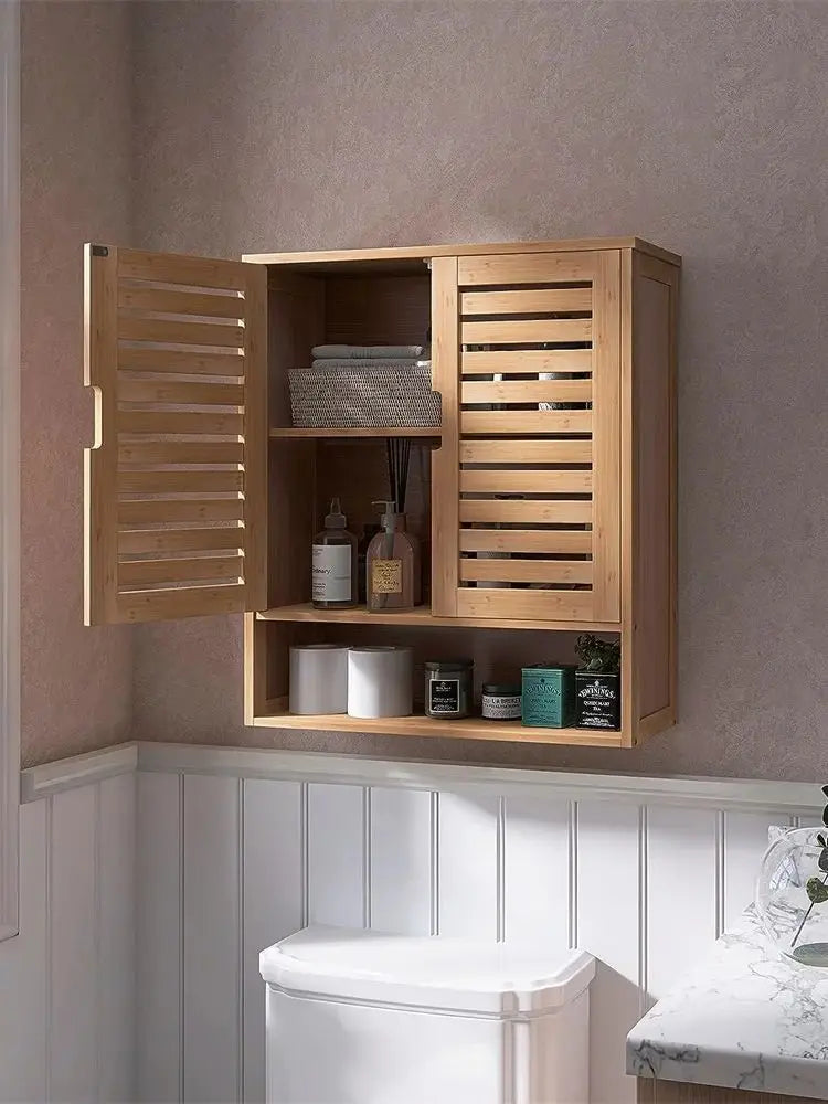 Natural Bamboo Wall-mounted Bathroom Cabinet, Kitchen Cupboard, Storage Organizer, Adjustable Shelf