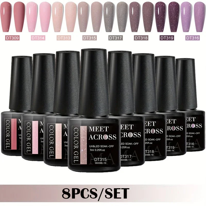 MEET ACROSS 8-teiliges Gel-Nagellack-Set für alle Jahreszeiten, Neon-Marcaron-Grün-Rot-Serie, UV-Gel-Lack-Maniküre-Set, Nagelzubehör