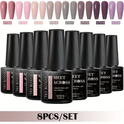 MEET ACROSS 8-teiliges Gel-Nagellack-Set für alle Jahreszeiten, Neon-Marcaron-Grün-Rot-Serie, UV-Gel-Lack-Maniküre-Set, Nagelzubehör