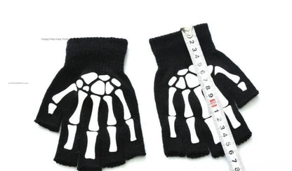 1pair New 5-11T Kids Halloween Skeleton Skull Half Finger Luminous Punk Gloves Winter Skull Fingerless Black Mitten
