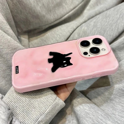Cute Black Fuzzy Cat Shockproof Phone Case For iPhone 17Air 16 15 14 12 13 11 Pro Max Candy Color Wave Pattern Protective Cover
