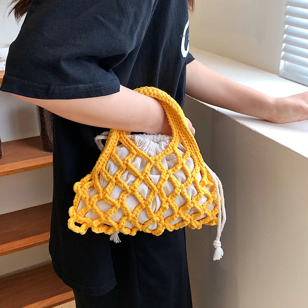 Summer Cotton Thread Woven Handbag Women Crochet Beach Bag Hollow Out Knitting Mini Top-Handle Bag Straw Mesh Boho Wristlet Bags