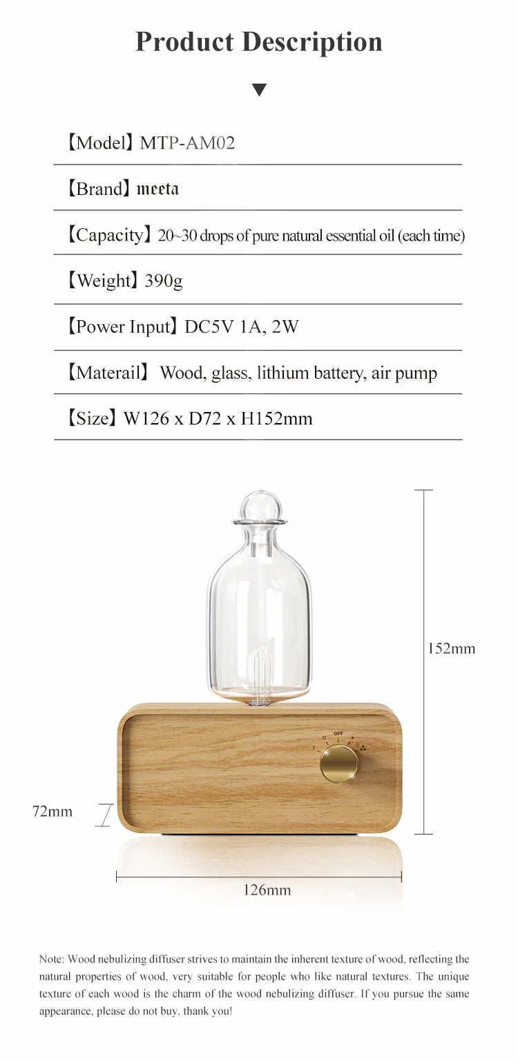 Nebulizing Essential Oil Diffuser Waterless Operated Aromatherapy Diffuser for Home Wood and Glass Aroma Diffuser Scent Machine