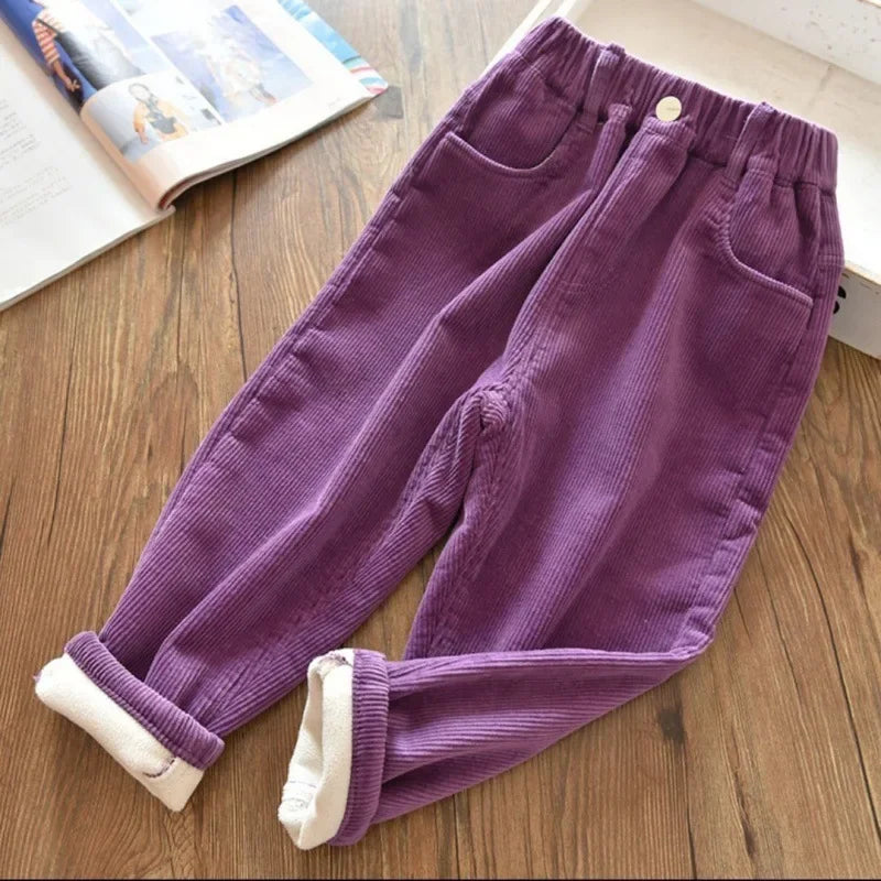 Kids Warm Pants Boy Girls Autumn Winter Corduroy Thick Outer Wear Sports Trousers 1-9Y Children Clothes Casual High Waist Pants
