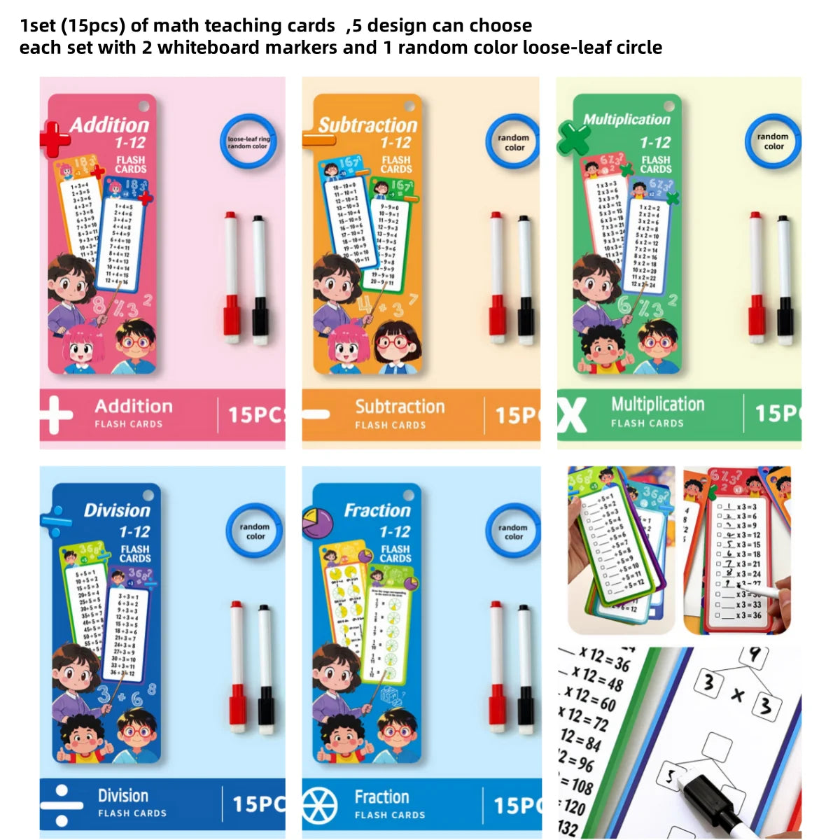1Set(15pcs) Math Addition Subtraction Multiplication Division Fraction Erasable Reusable Number Learning Cards Teaching Tools