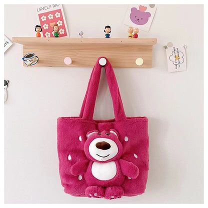 Disney 2025 New Cartoon Plush Doll Shoulder Bag Sweet and Cute Stitch Strawberry Bear Soft Cute Girls Handbag