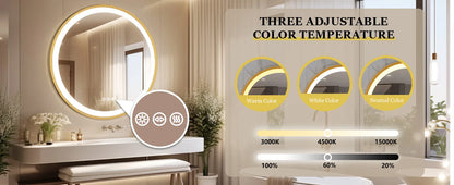 Bathroom Mirror with LED 60/80cm Round Illuminated Wall Mirror Aluminum Gold Frame Anti-fog 3 Lighting Color Memory Function