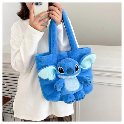 Disney 2025 New Cartoon Plush Doll Shoulder Bag Sweet and Cute Stitch Strawberry Bear Soft Cute Girls Handbag