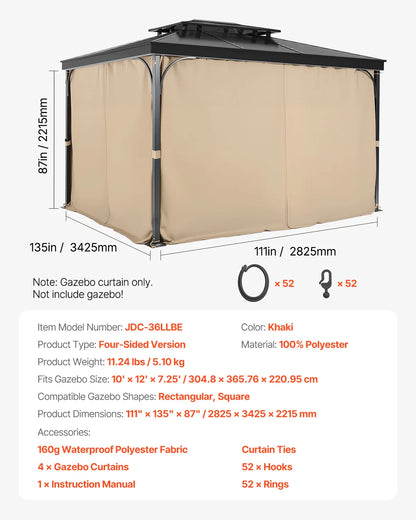 VEVOR Gazebo Curtains 4-Panel Sidewall Gazebo Privacy Curtains with Zippers Universal Sunshade Curtains Replacement for Patio