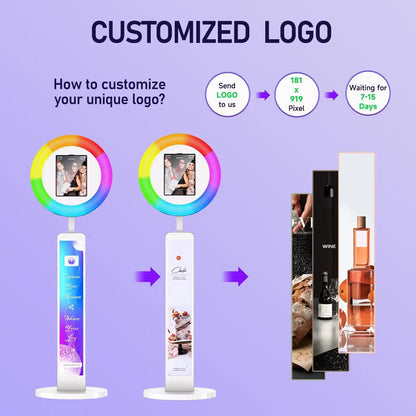 iPad Photo Booth Selfie-Maschine Shell Verstellbarer Ständer Photobooth mit LED-Ringlicht Individuelles LOGO für Hochzeitspartys und Events