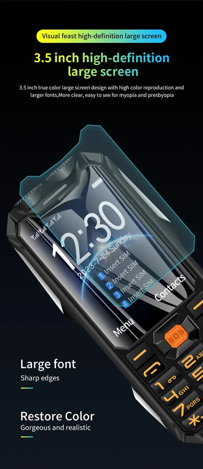 Q9 GSM 2G Network Mobile Phone 4 SIM Cards Rugged Bar Cellphone 3.5Inch HD Display Big Battery Loud Voice For Elderly