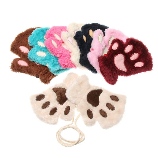 1Pair Winter Fluffy Cat Paw Children Gloves Cute Fingerless Warm Plush Mittens Fashion Warm Lovely Gloves for Girls 9 Colors