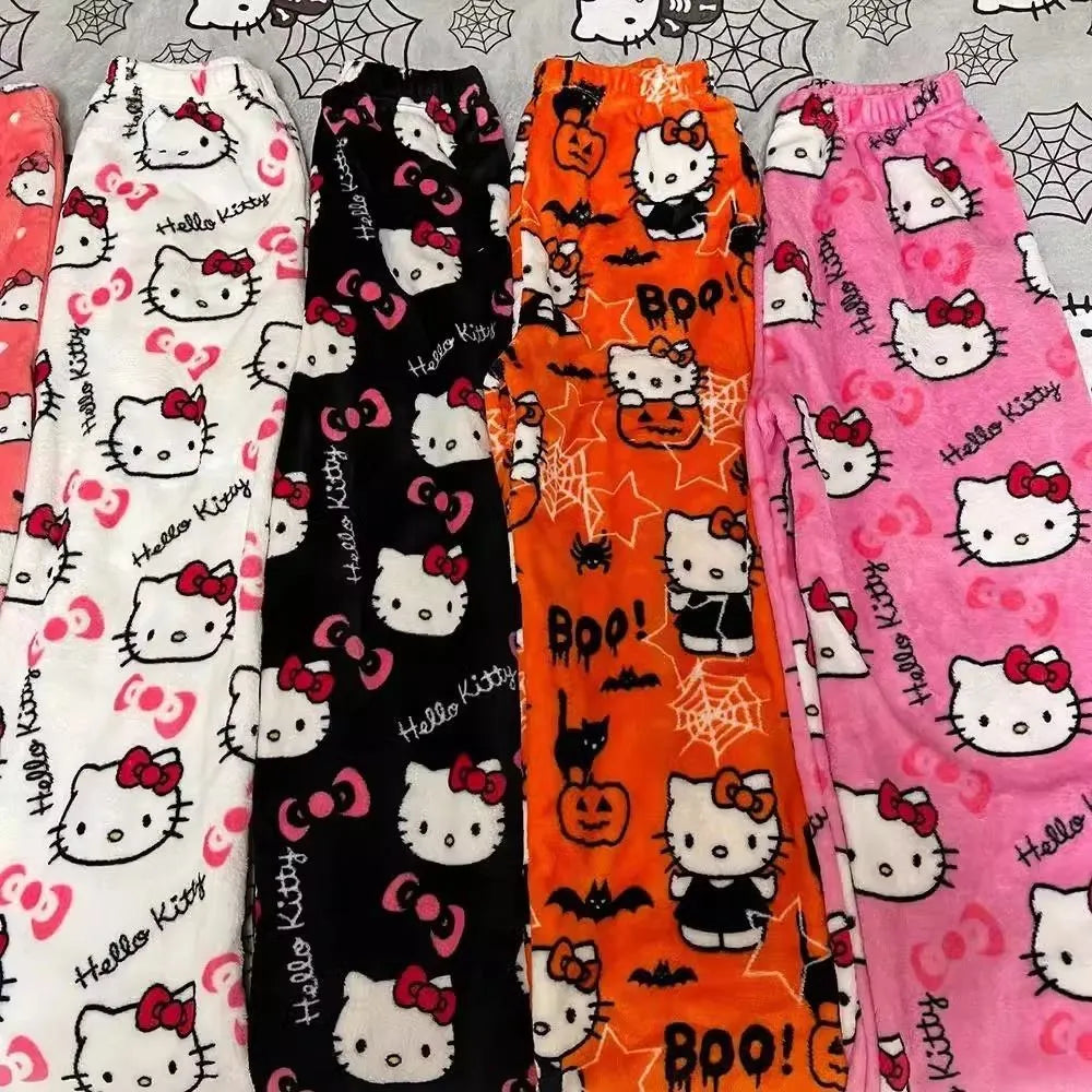 Halloween Cartoon Hello Kitty Flannel Pajamas Women's Autumn and Winter Plus Velvet Warm Casual Home Graffiti Pants