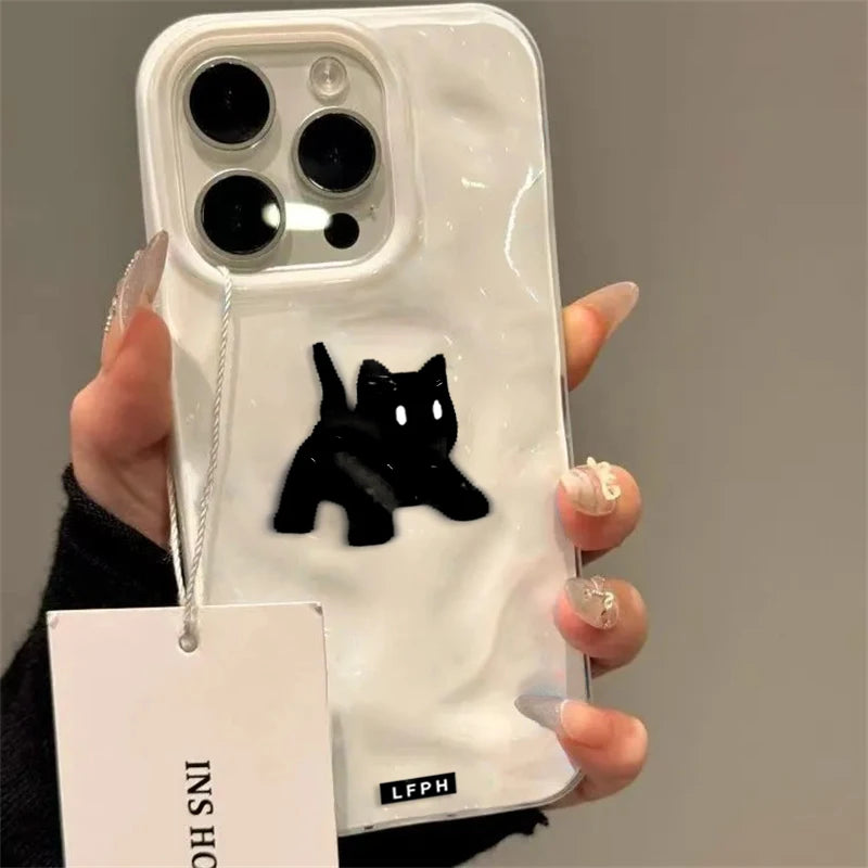 Cute Black Fuzzy Cat Shockproof Phone Case For iPhone 17Air 16 15 14 12 13 11 Pro Max Candy Color Wave Pattern Protective Cover