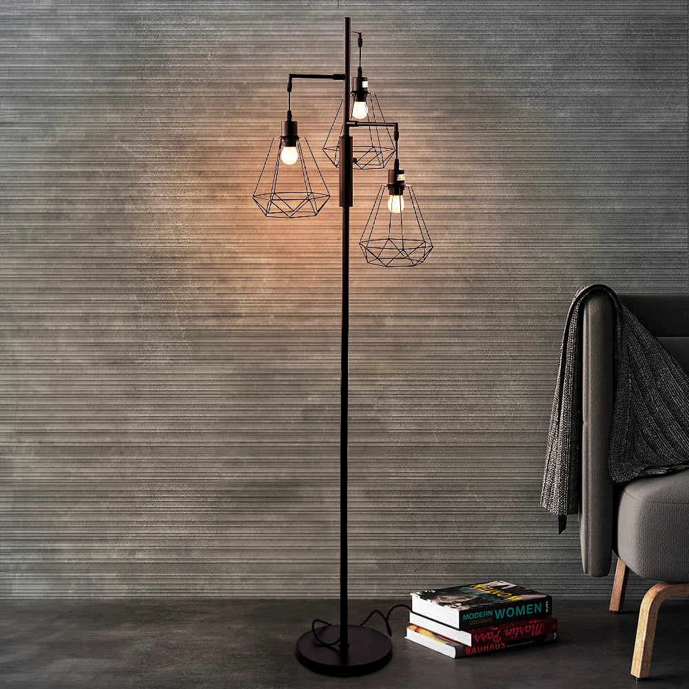 KOMORE Black Modern Industrial Style 3-head Floor Lamp with Irregular Shade for Living Room Office, Bedroom, Hallway, Porch