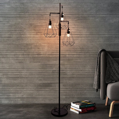 KOMORE Black Modern Industrial Style 3-head Floor Lamp with Irregular Shade for Living Room Office, Bedroom, Hallway, Porch