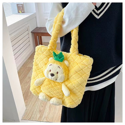 Disney 2025 New Cartoon Plush Doll Shoulder Bag Sweet and Cute Stitch Strawberry Bear Soft Cute Girls Handbag