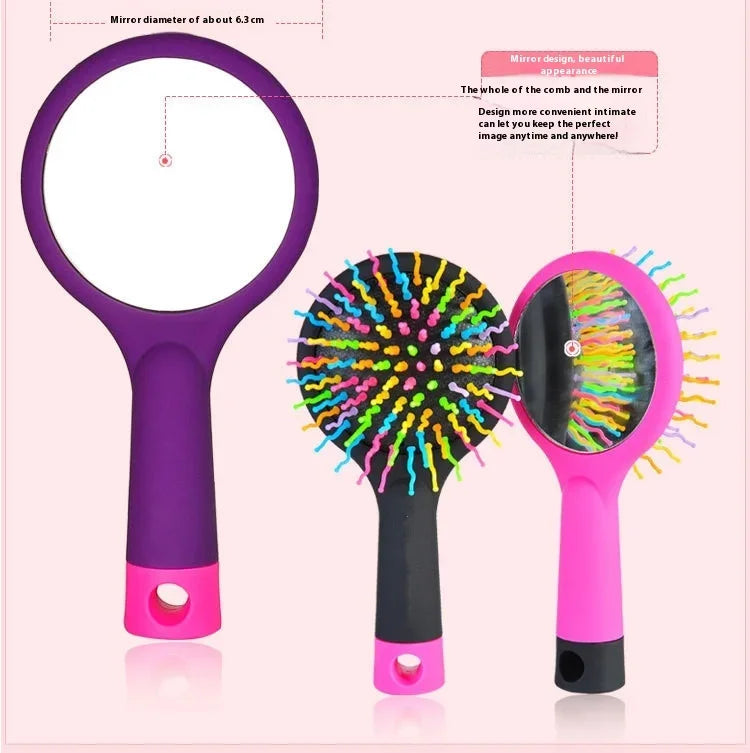 Rainbow Air Volume Paddle Hair Comb Brush with Makeup Mirror Detangler Hair Curl Straight Massage Comb Brush Hair Styling Tool