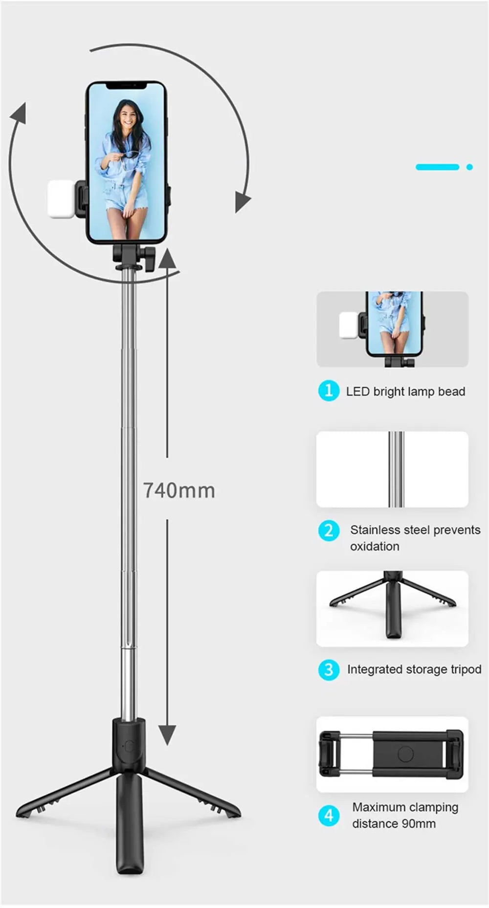 Portable Wireless Selfie Stick Tripod Stand with Light Bluetooth Remote Extendable Tripod for Mobile Phone Tiktok Live Streaming
