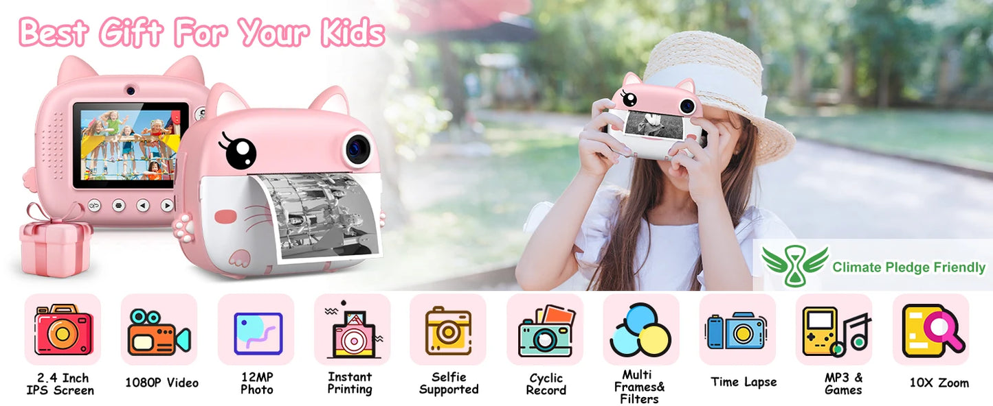 Kids Instant Print Camera 2.4 Inch 1080P Digital Camera Portable Cartoon Video Camera With 32GB Card & 5 Color Pens