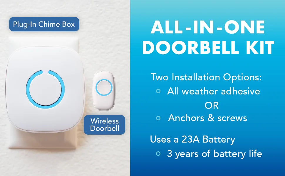 Wireless Doorbells for Home, Apartments, Businesses, Classrooms, etc. - 1 Door Bell Ringer & 2 Plug-In Chime Receiver