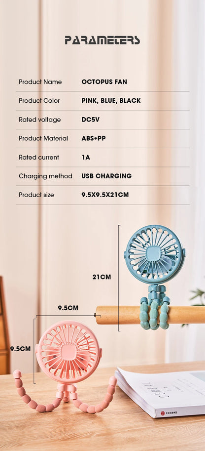 HOMEFISH Portable Baby Stroller Fan Oscillating Clip-on Mini Fan USB Battery Operated with Flexible Tripod for Pram Car Seat
