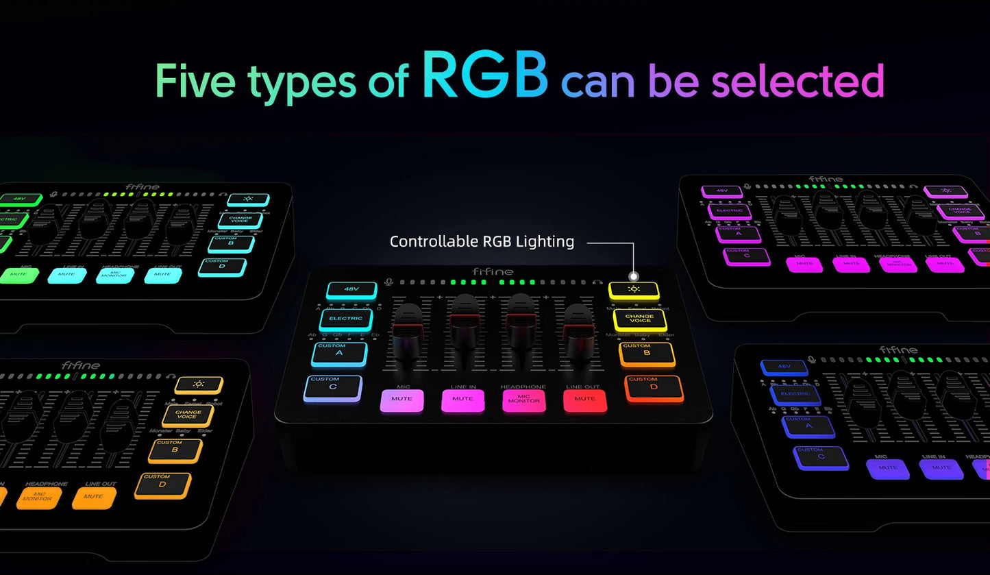 FIFINE Gaming Audio Mixer,Streaming 4-Channel RGB Mixer with XLR Microphone Interface,for Game Voice,Podcast,AmpliGame SC3