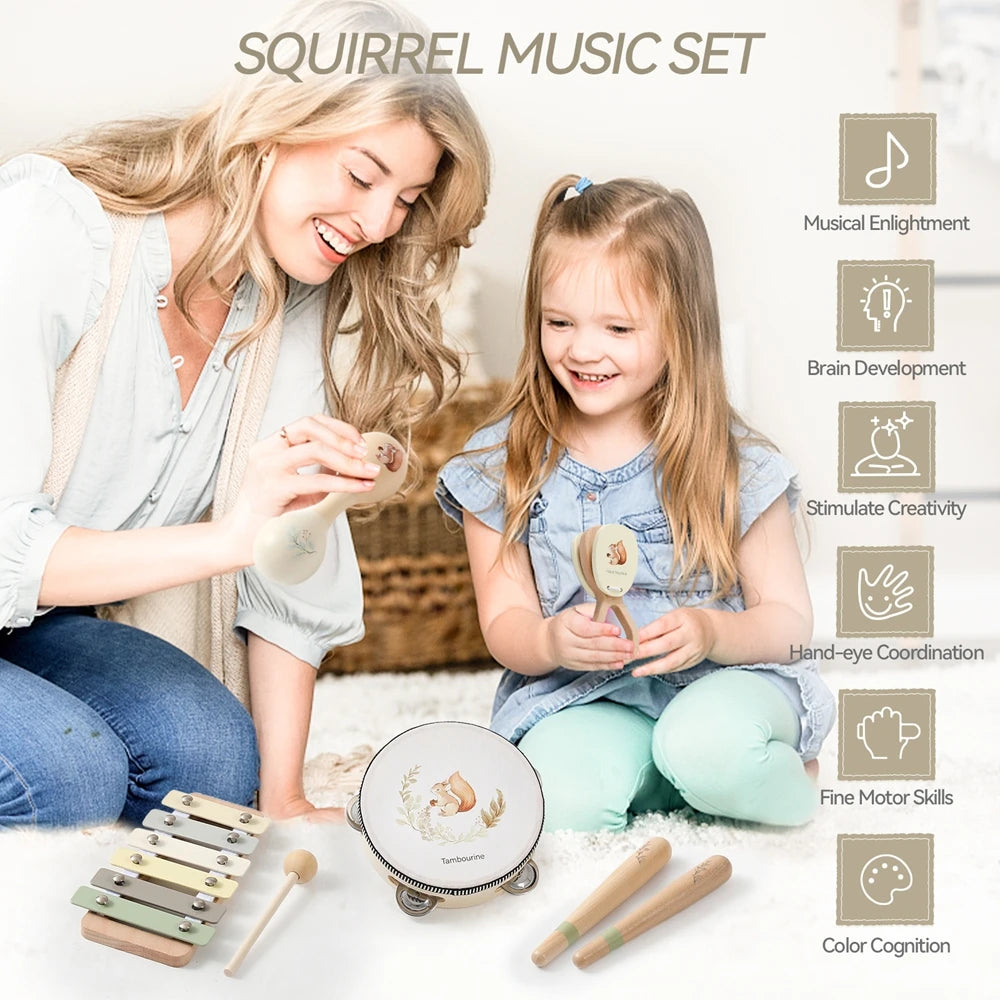 Music Toys Baby Wooden Montessori Toys Children Music Instrument Squirrel Maracas Drum Xylophone Early Education Sensor Toys Set