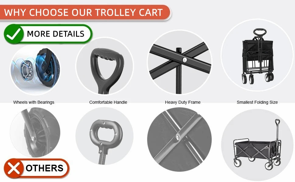 Beach Trolley on Wheels, Foldable Camping Trolley Cart Folding Collapsible Festival Trolley for Camping Garden Picnic Outdoor
