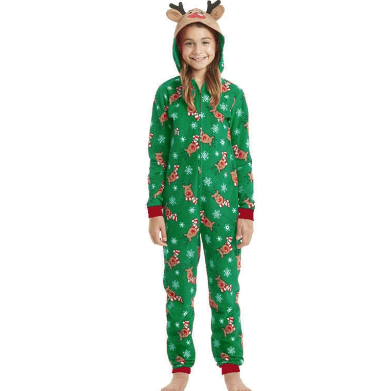Christmas Family Matching Onesie - Elk Print Hooded Jumpsuit Pyjamas for Mom Dad Kids