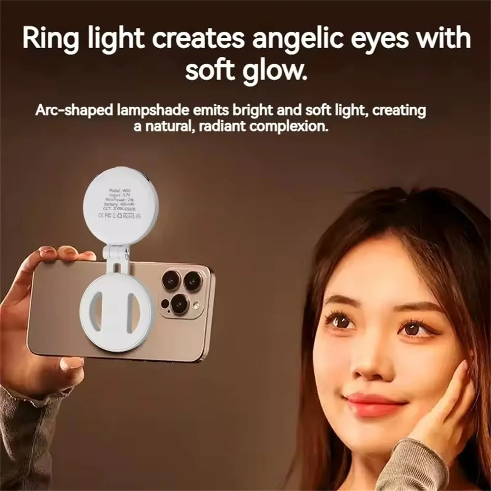2in1 For Travel, Desktop, Selfies, Video, Makeup Portable Foldable Magnetic Rechargeable Ring Fill Light Phone Holder Perfect