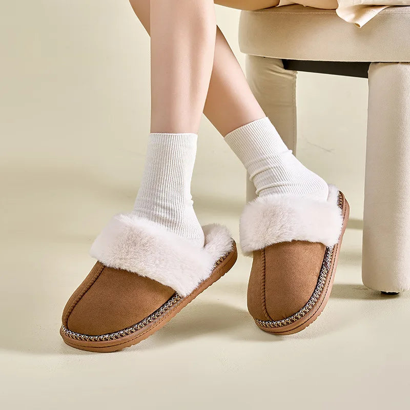 Fashion Faux Suede Plush Slippers for Women 2024 Thick Sole Winter Warm Fuzzy Slides Woman Non Slip Indoor Home Cotton Shoes