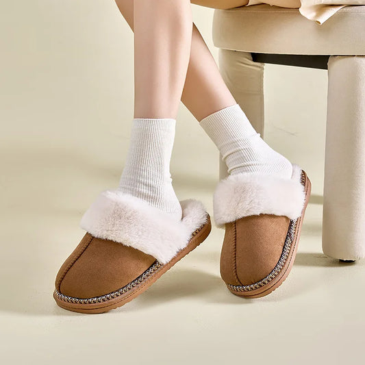 Fashion Faux Suede Plush Slippers for Women 2024 Thick Sole Winter Warm Fuzzy Slides Woman Non Slip Indoor Home Cotton Shoes