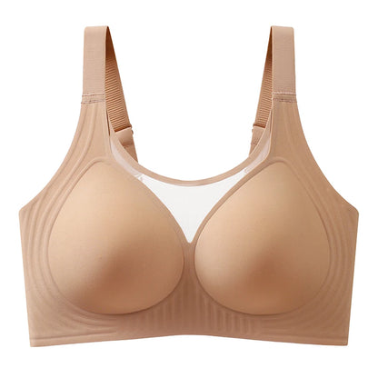 Plus Size Jelly Gum Full Cover Semi Fixed Large Cup Lace Underwear Anti Glare Mesh Woman Bra Comfortable  Gathering
