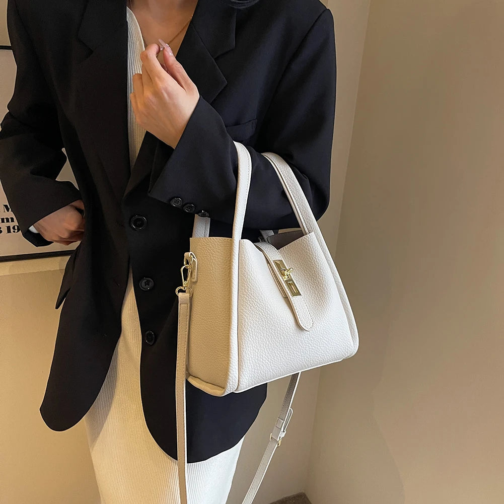 Luxury PU Leather Bucket Bag for Women Large Capacity Handbag with Inner Bag Double Handle Magnetic Closure Shoulder Bag Satchel