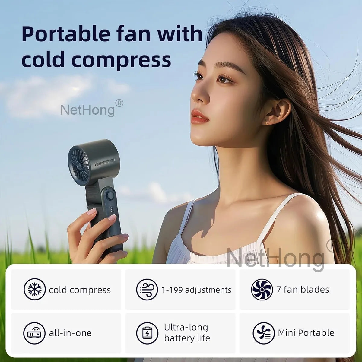 Portable Handheld Digital Turbo Fan 3600mAh Rechargeable 6 Speed Foldable Fan