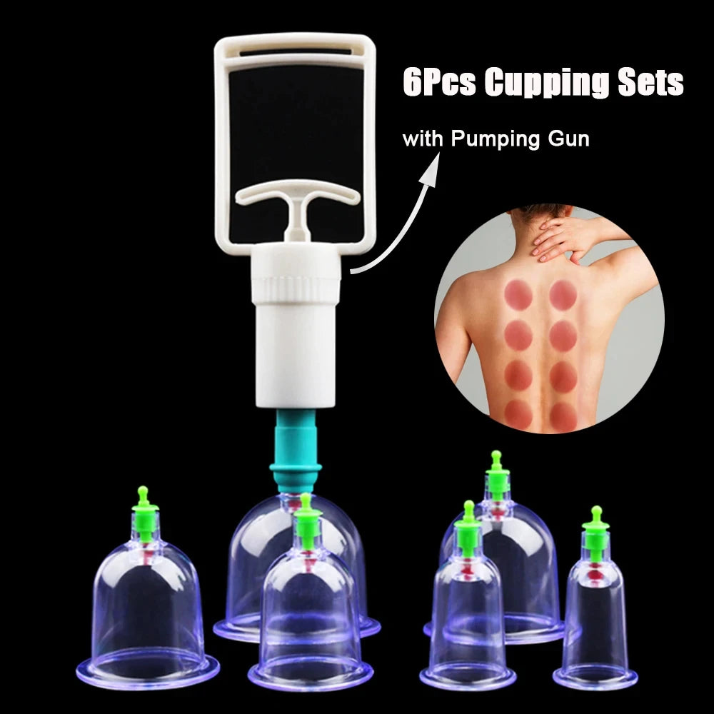 Vacuum Cupping Massage Kit w/ Pump Gun - 6 Suction Cups for Back, Body Therapy, Anti-Cellulite & Detox